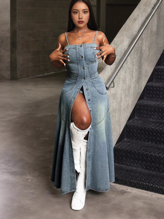 Valenzora | Vintage Denim Spaghetti Strap Dress with Square Collar