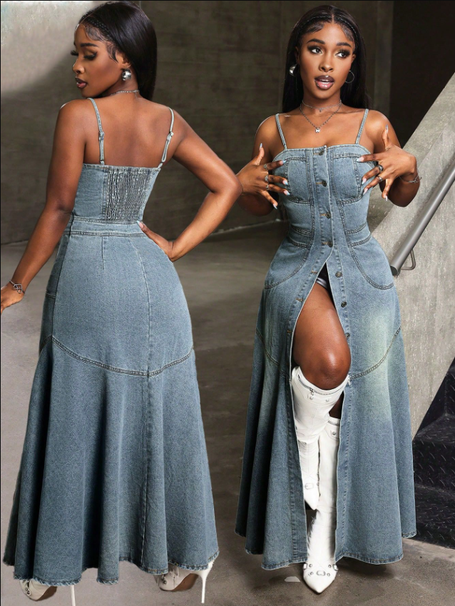 Valenzora | Vintage Denim Spaghetti Strap Dress with Square Collar