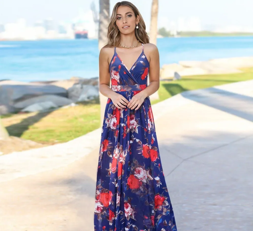 Valenzora | Women's fashionable halter-print waist-slimming dress