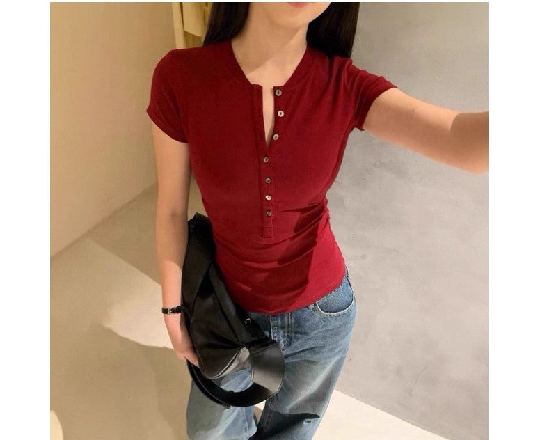 Women's figure-hugging cropped T-shirt with short sleeves and button placket, size [size missing]