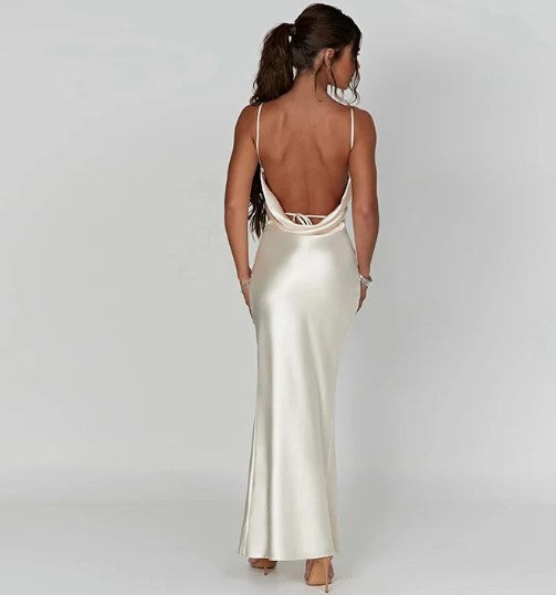 Valenzora | White satin maxi dress with spaghetti straps