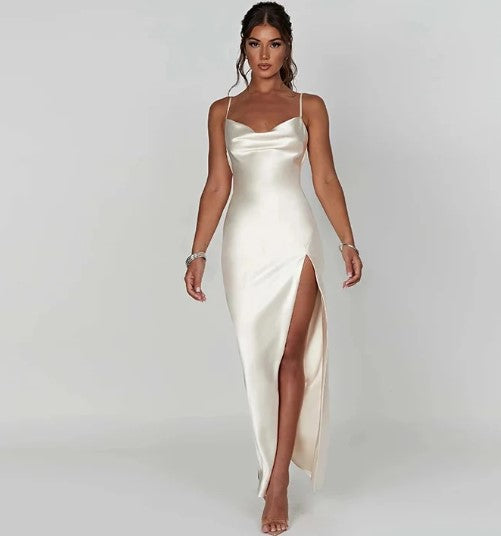 Valenzora | White satin maxi dress with spaghetti straps
