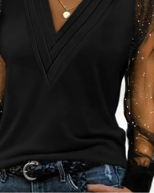 Valenzora | Transparent, glittery mesh top with a V-neck