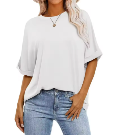 Damen-Oversize-T-Shirt aus strukturierter Baumwolle mit Krempelärmeln, Größe