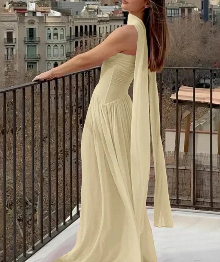 Valenzora | Maxikleid Patchwork Schal Rückenfrei Trägerlos Rüschen Festlich