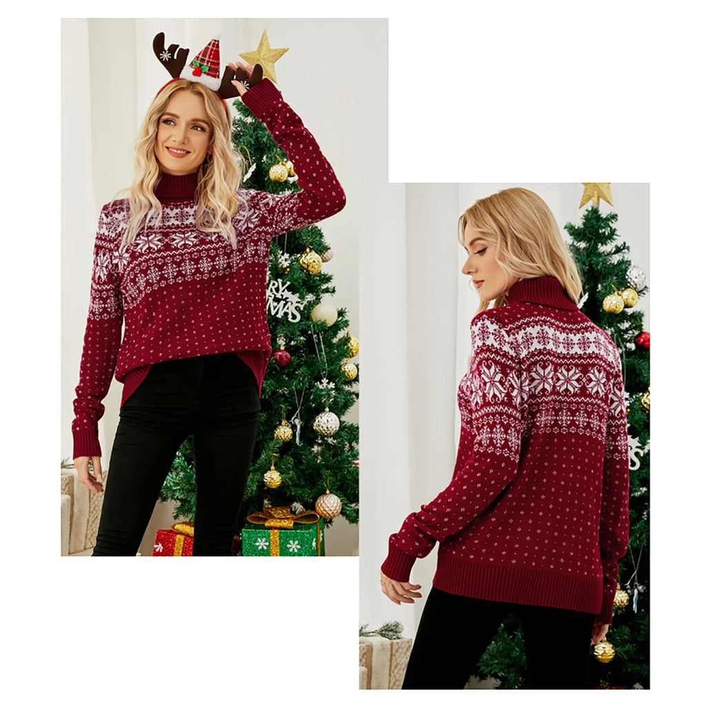 Valenzora - Ugly Christmas Sweater - Vintage Turtleneck Sweater with Snowflake Pattern
