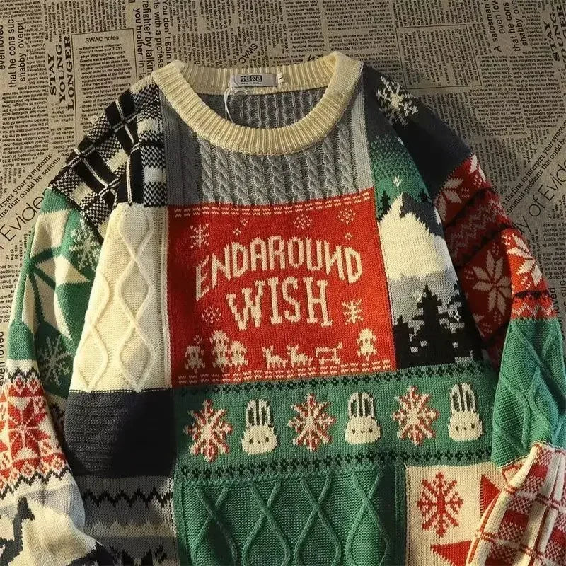 Valenzora – Hässlicher Weihnachtspullover – Lockerer Retro-Pullover mit V-Ausschnitt und Color-Block-Design