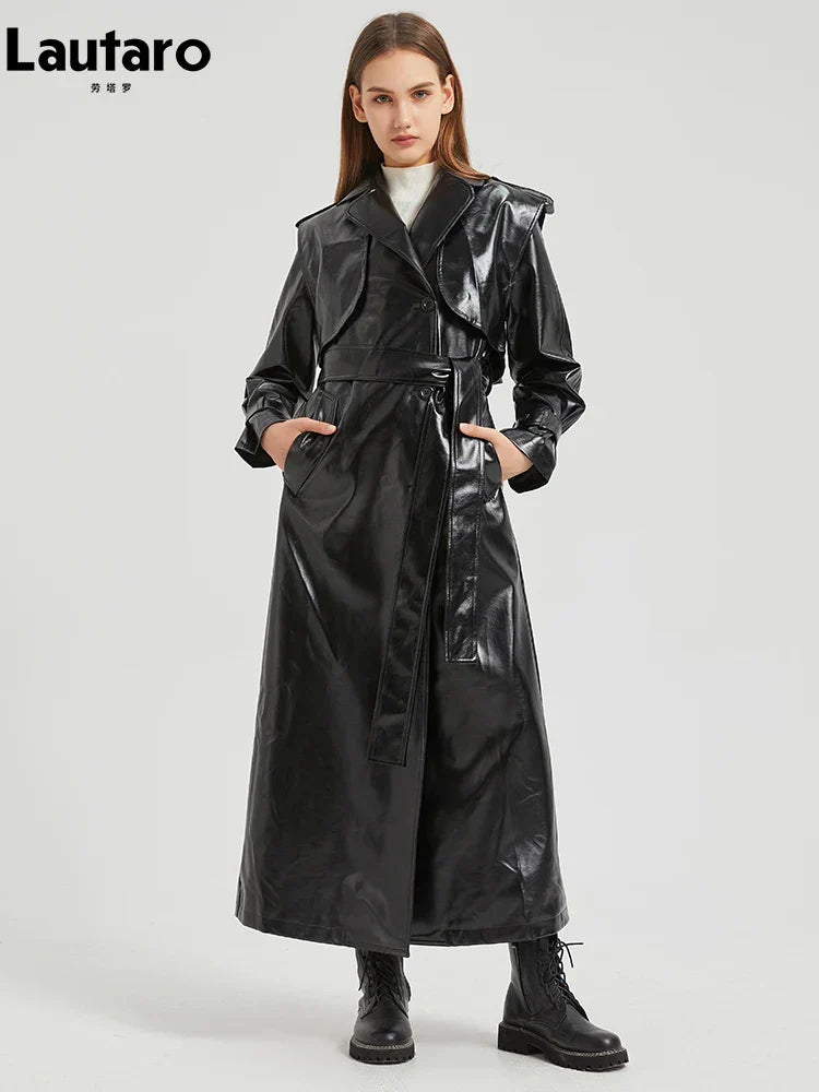 Valenzora | Lautaro Autumn Extra Long Gold Shiny Patent PU Leather Trench Coat for Women Simple Buckle Luxury Designer Overcoat