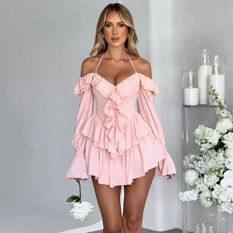 Valenzora | Romantic ruffled romper with exposed shoulders
