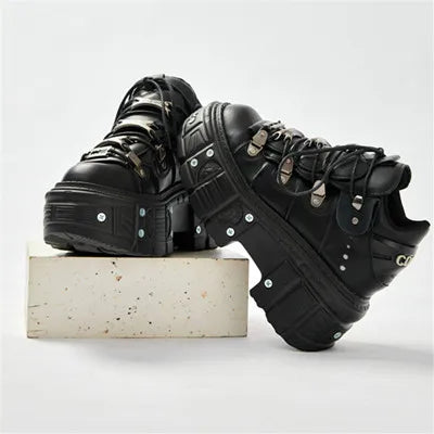 Valenzora | Fashion Women's Ankle Boots, Thin Heels, Round Toe, Lace-Ups, Metal Decoration, Sneakers, Studded, Punk, Gothic, Rock Shoes