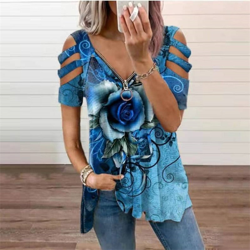 Valenzora | Loose Angel Wings Print Vintage V-Neck Zip T-Shirt