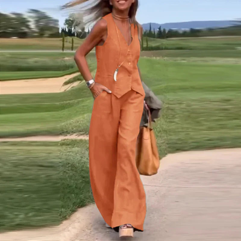 Valenzora Modern Set | Elegant sleeveless V-neck top and wide-leg trousers women's suit