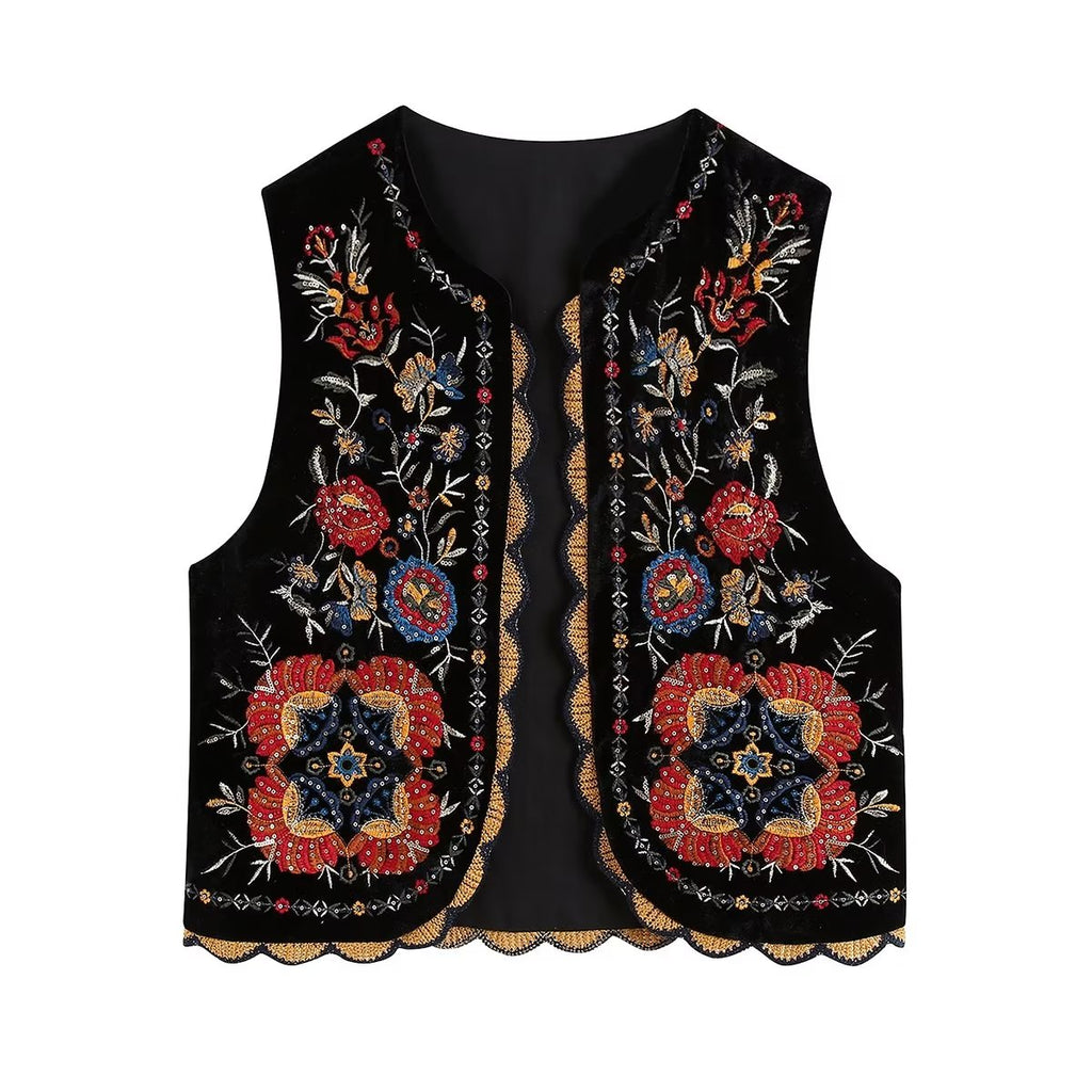 Valenzora | Vest with sequined floral embroidery, patchwork waist coat made of velvet