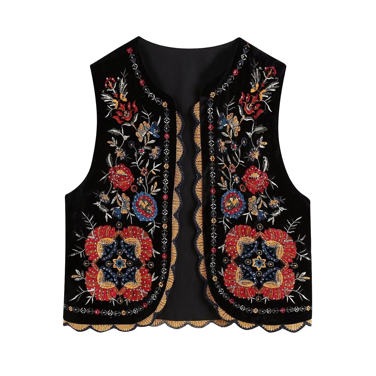Valenzora | Vest with sequined floral embroidery, patchwork waist coat made of velvet
