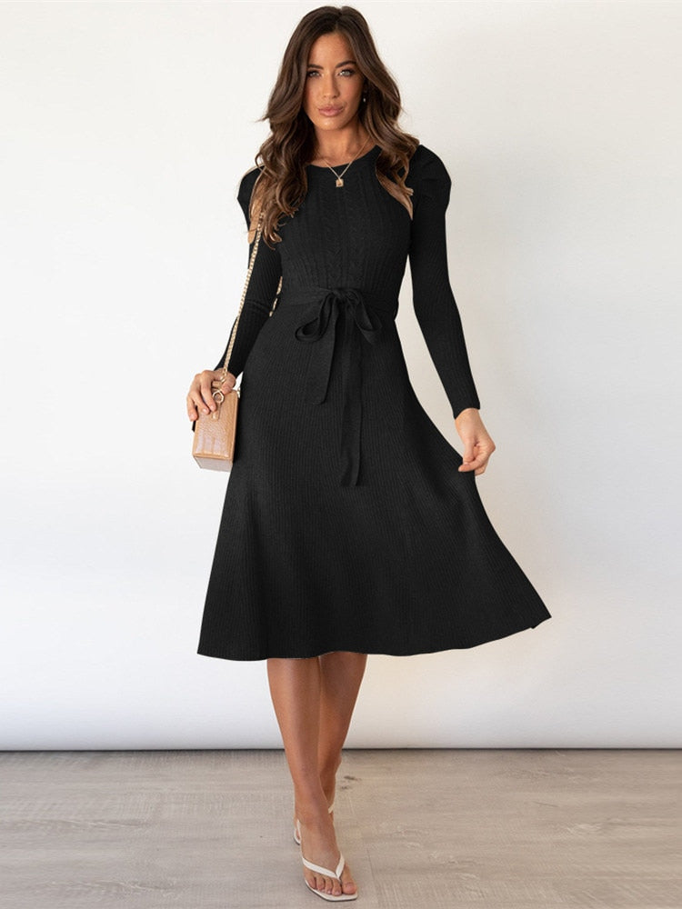 Valenzora | Elegant Knitted Midi Dress with Belt for Women
