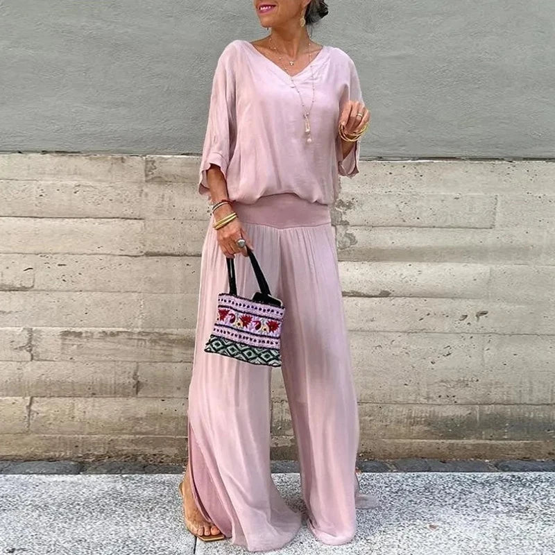 Valenzora | Elegant two-piece set consisting of a chiffon top and wide-leg trousers
