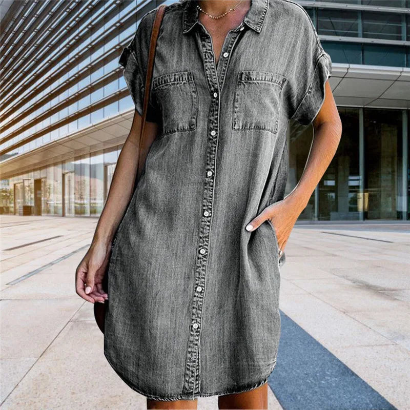 Valenzora | Lässiges, kurzärmeliges Jeans-Minikleid für Damen mit Knöpfen