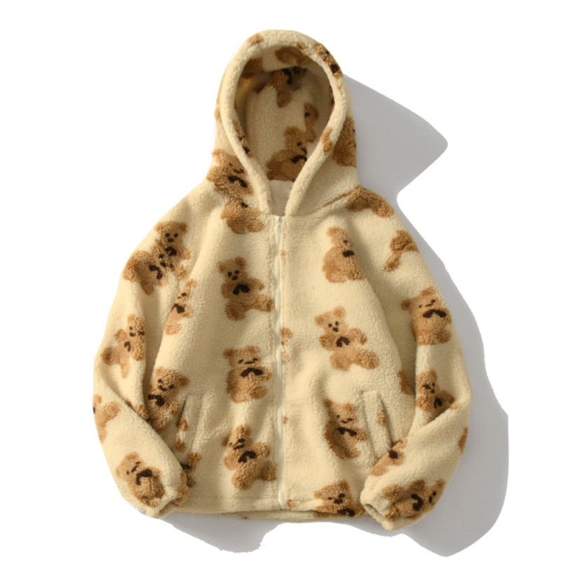 Valenzora Harajuku Bär Teddy-Print Plüschjacke Flauschige Kapuzen-Oberbekleidung