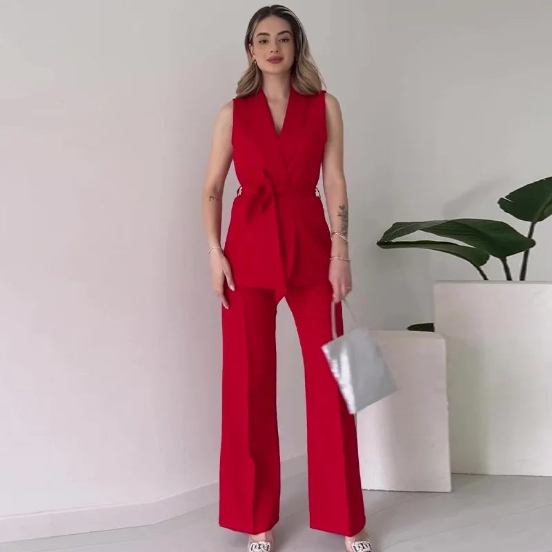 Valenzora | Sleeveless blazer suit, tailored fit, wrap V-neck, wide-leg trousers