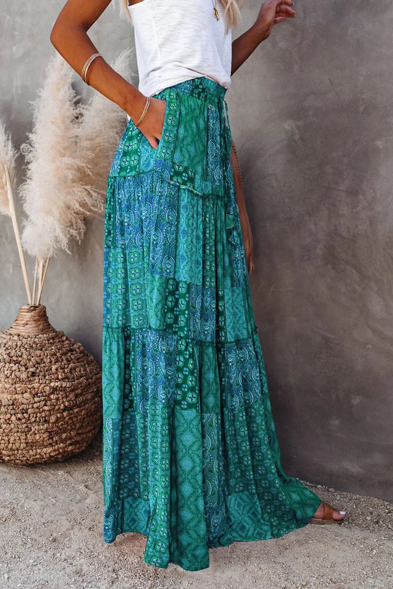 Valenzora | Langbedruckter A-Linienrock mit hoher Taille und Blumenmuster