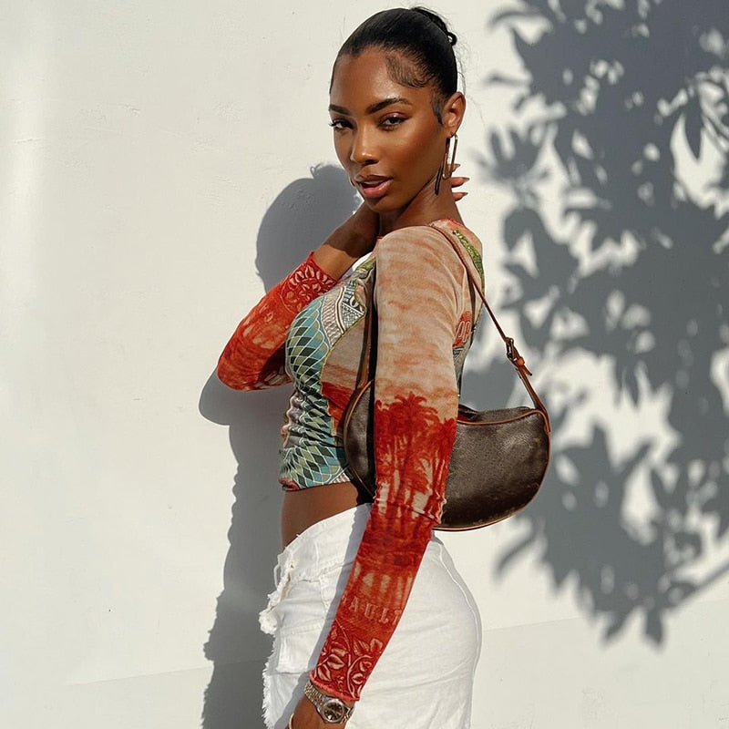 Valenzora | Long-sleeved mesh top with tattoo print
