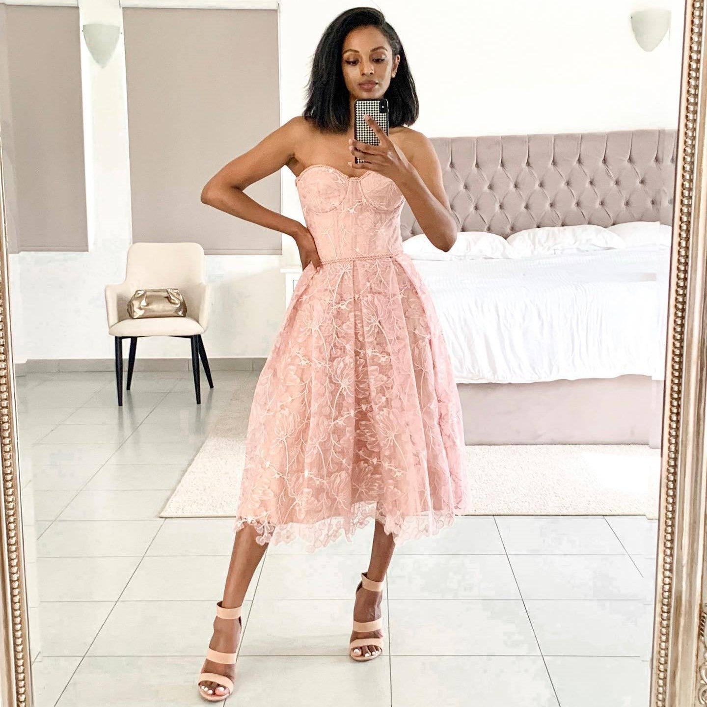 Valenzora | Strapless lace midi dress with corset top
