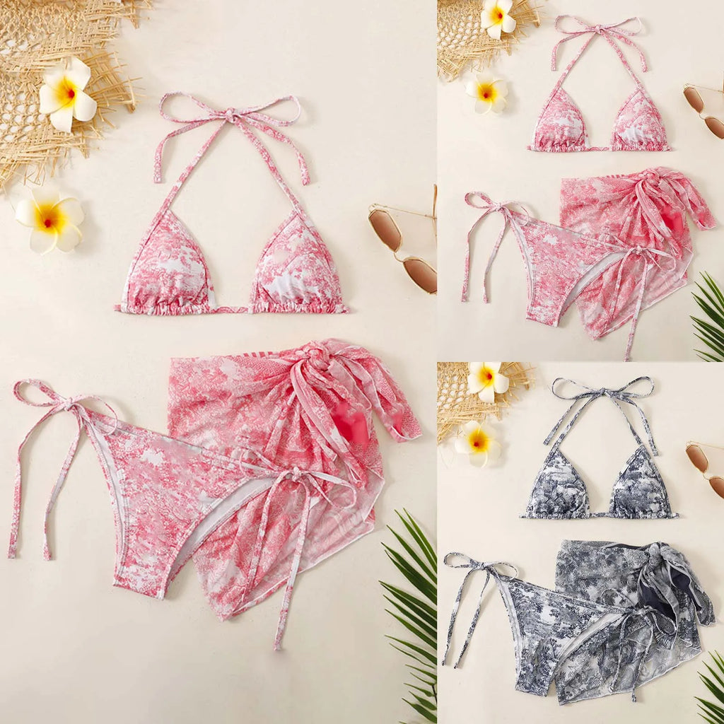 Valenzora | Women's Three-Piece Swimwear Summer Push-Up High Waist Bikini Set with Cover-Up Skirt Tie Dyed Swimming Swimsuit Beachwear