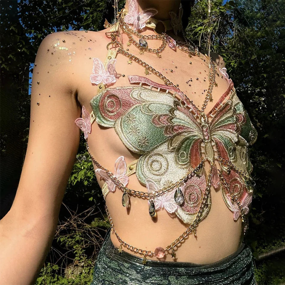 Valenzora | Besticktes Y2K-Schmetterlings-Crop-Top