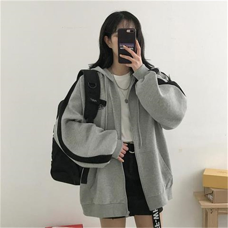 Valenzora Zip-up Oversized Solid Pocket Hooded Long Sleeve Loose Baseball Jacket