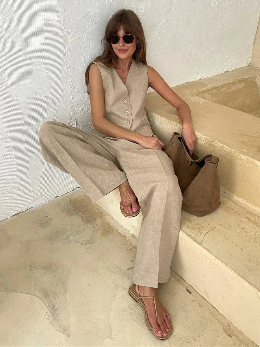Valenzora | Wool Feeling Women's Linen Cotton Chic Vest & Trousers Set Two-Piece Set Office Women's Summer Chic 2-Piece Set Women's Outfits