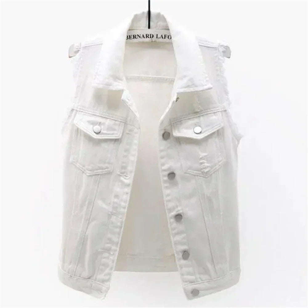 Valenzora | Denim Vest Sleeveless Frayed Button Closure Classic Collar Casual Fit