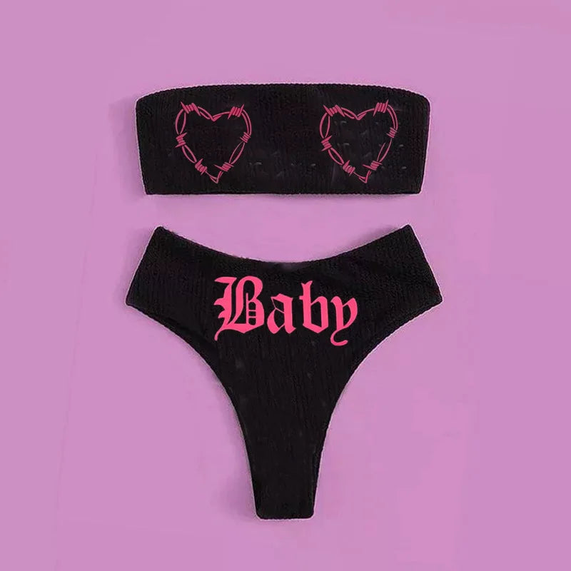 Valenzora | Sexy Gothic Bikini Damen Buchstaben Totenkopf Print Badeanzug Split Badeanzug High Waist Gothic Bikini Set Strand Outfits