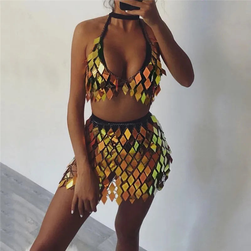 Valenzora | Statement Sequin Patchwork Crop Top 2 Piece Skirt Set