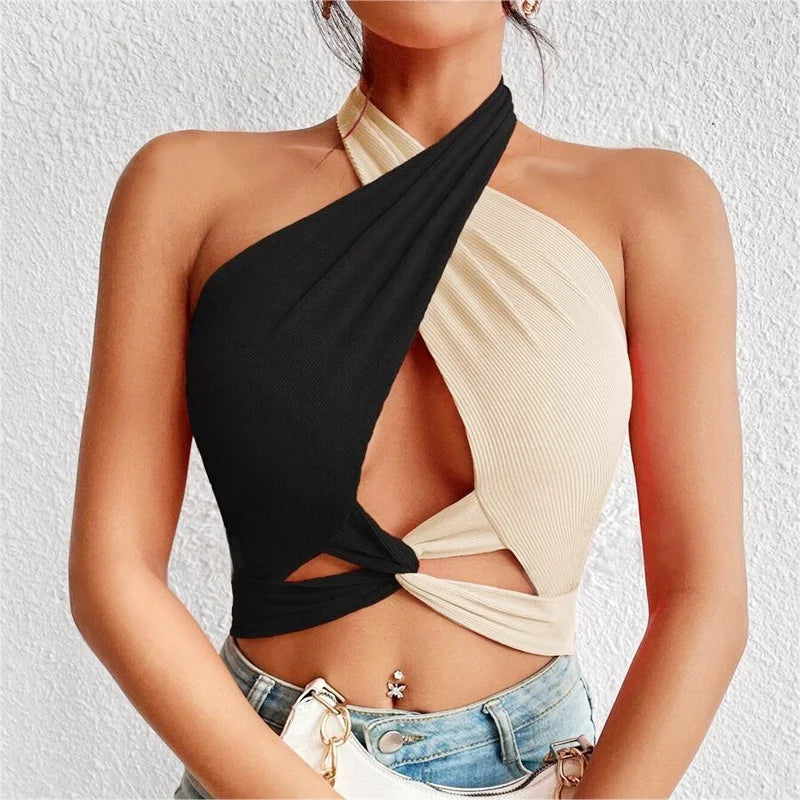 Valenzora | Women's Summer Tank Tops Sexy Patchwork Cross Halterneck Strap Hole Crop Tops High Street Wear New Fashion