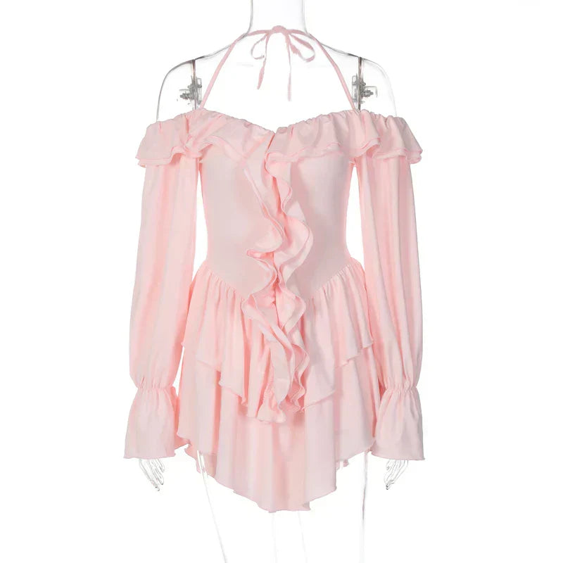 Valenzora | Romantic ruffled romper with exposed shoulders