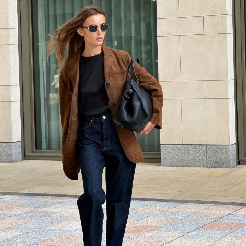 Valenzora | Brown suede jacket with lapels, chic and warm