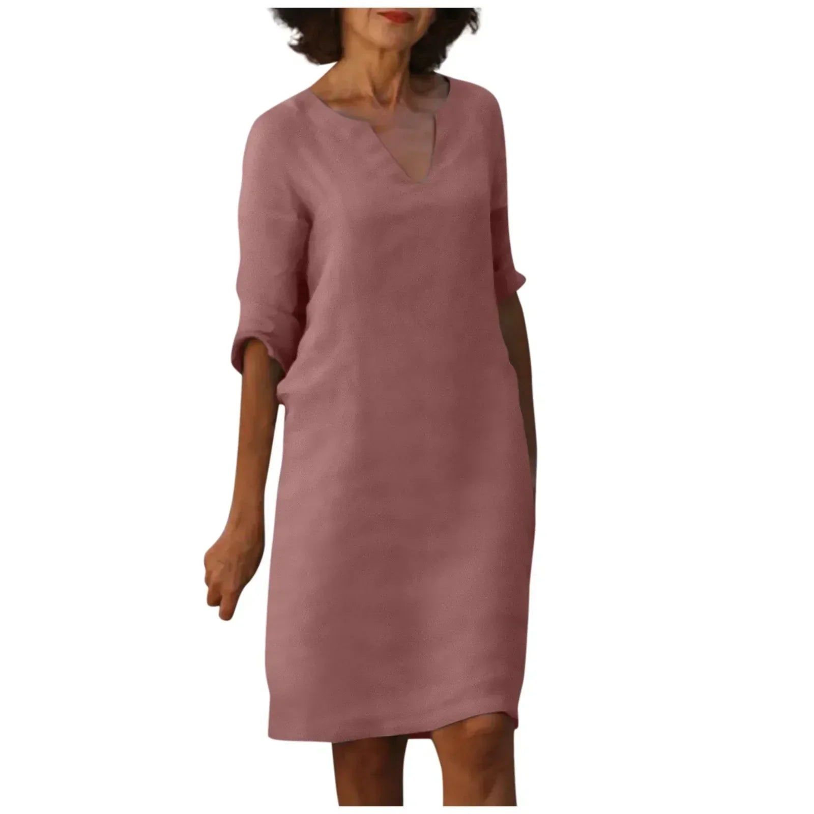 Valenzora | Women's Cotton Linen V-Neck Dress with Half Sleeves