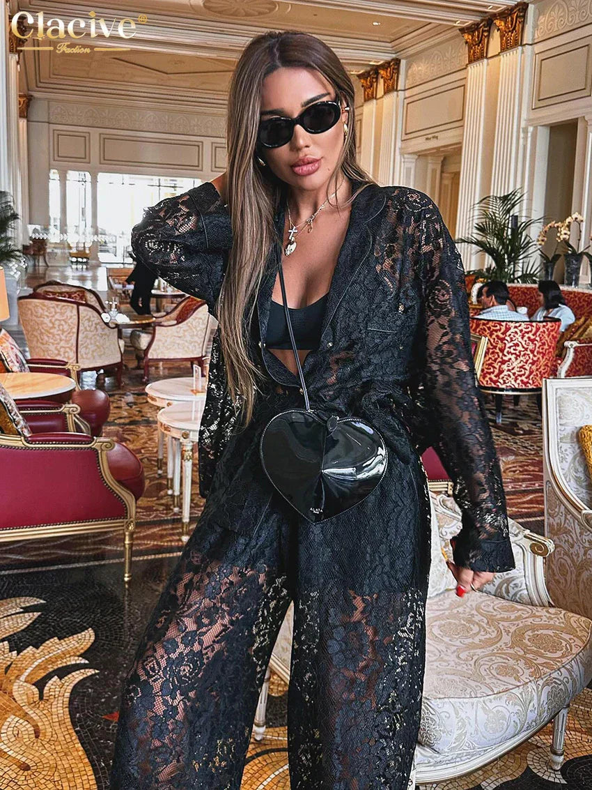 Valenzora | Clacive Sexy Loose Black Lace Transparent Pants Set Women's 2 Piece Fashion Long Sleeve Shirt with High Waist Wide Pants Set