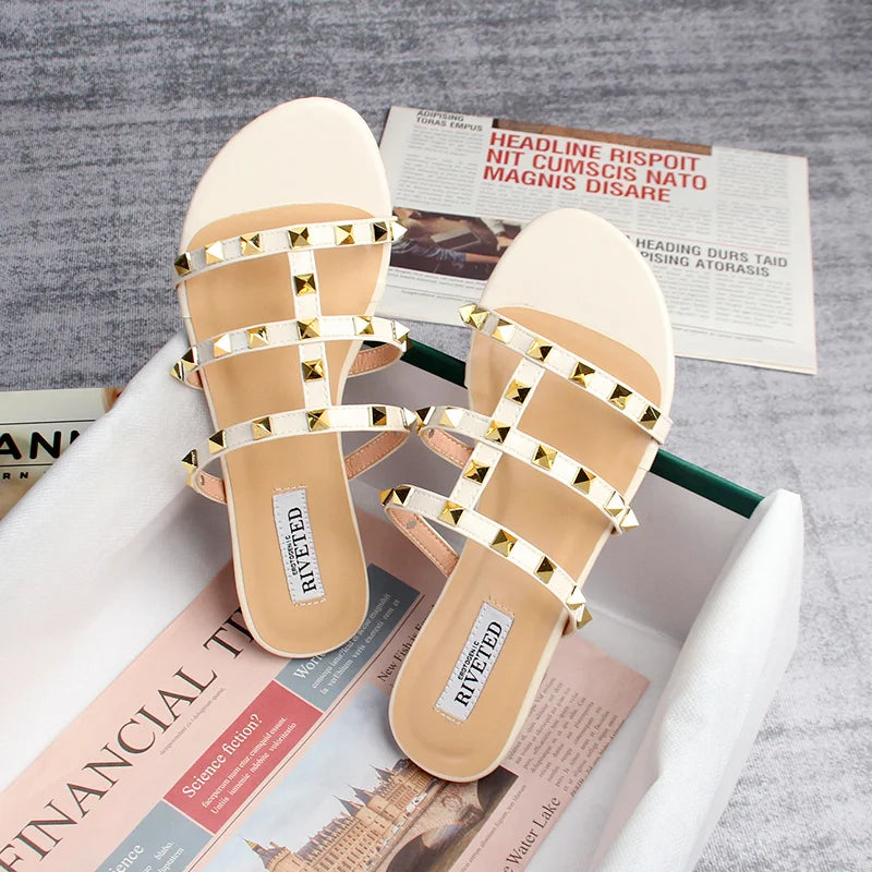 Valenzora | Summer Women's Sandals, Casual Slippers, Flat Shoes, Simple Style, Fashionable Studded Design, Walking and Shopping, Plus Sizes