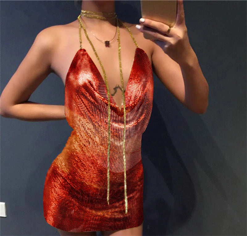 Valenzora | Diamond Halter Backless Split Metallic Mini Dress