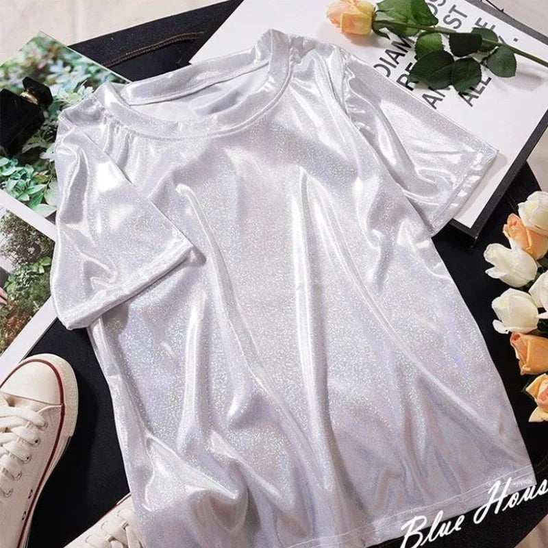 Valenzora | S 5XL Women's Sparkling Shiny Metallic Holographic Round Neck Short Sleeve Casual Loose Top Festival Party T-Shirt Women's Clothing