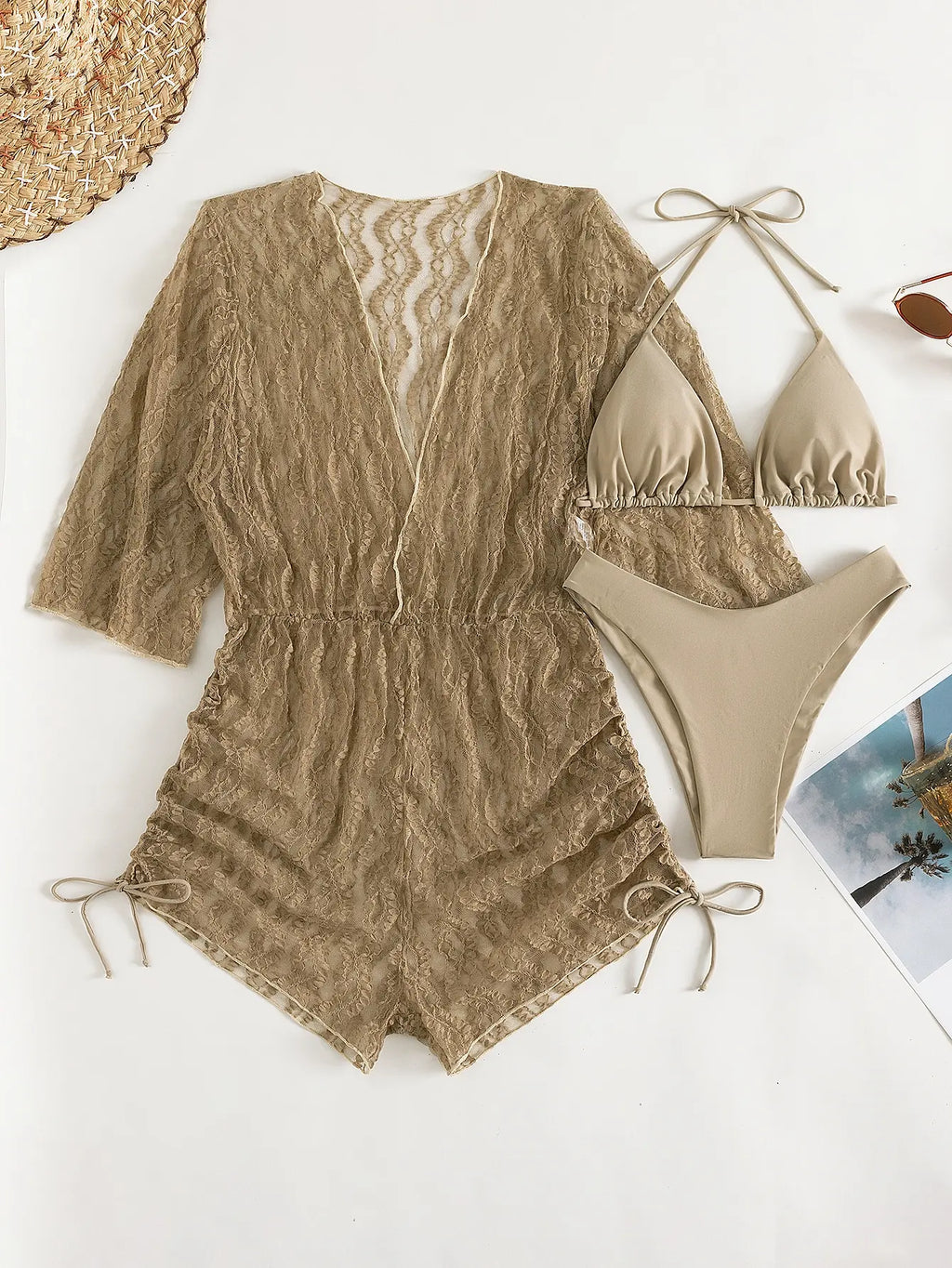 Valenzora | 3-Piece Bikini Tropical Print Swimwear Halter Lace-Up Side Swimsuit Women's Bathing Suit Female Swimming Summer Beachwear