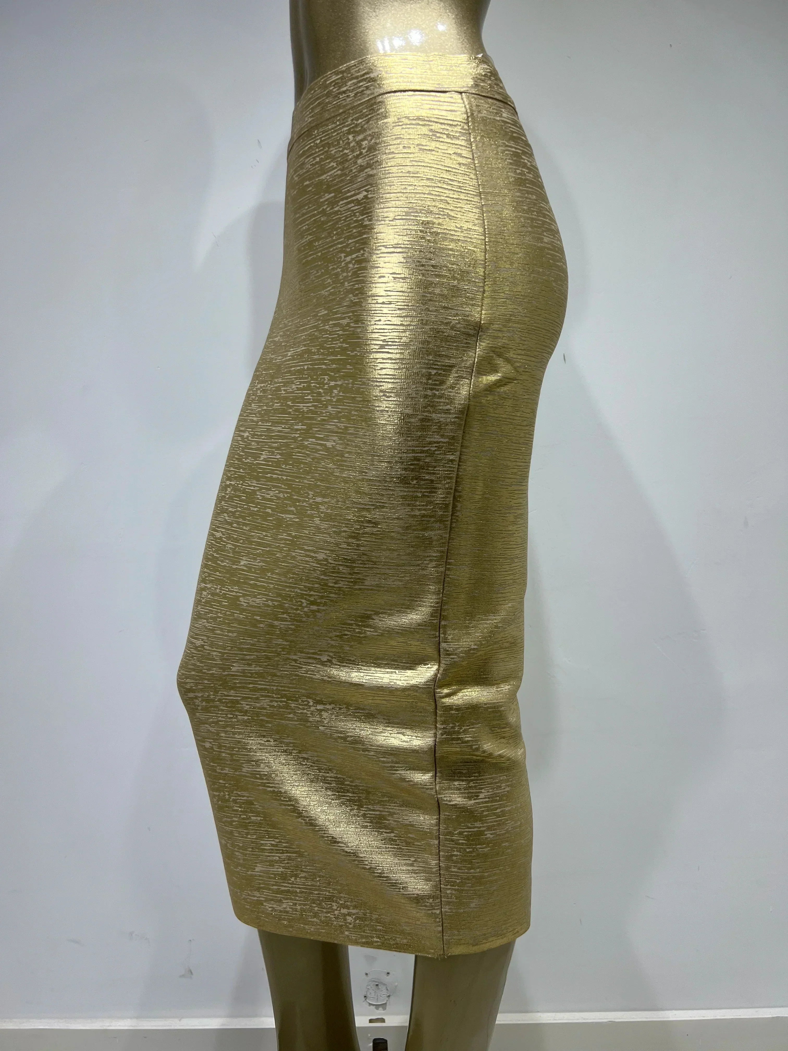 Valenzora | Women's Summer Skirt Sexy Silver Gold Bronzing Midi Bandage Skirt High Street Designer Slim Fit Solid Midi Pencil Skirt 78cm