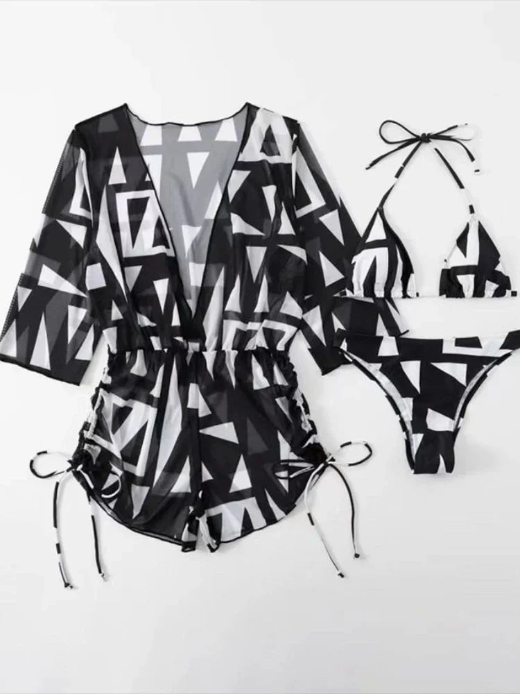 Valenzora | 3-Piece Bikini Tropical Print Swimwear Halter Lace-Up Side Swimsuit Women's Bathing Suit Female Swimming Summer Beachwear