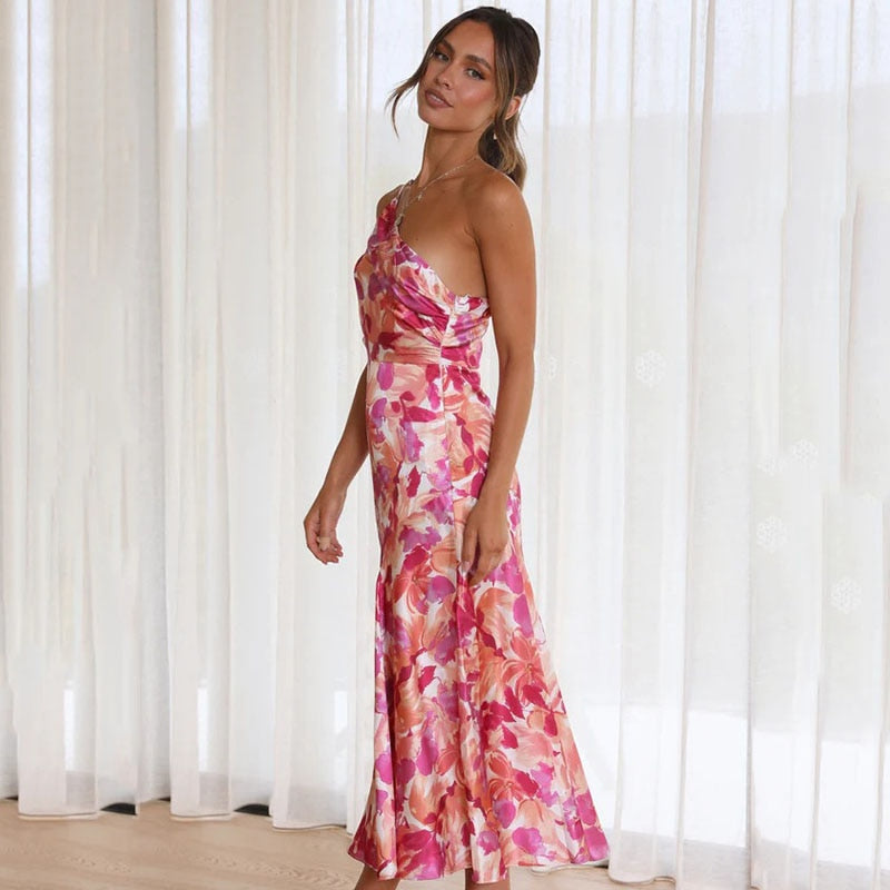 Valenzora | Rosafarbenes One-Shoulder A-Linien Satin-Kleid mit Blumenmuster für Damen