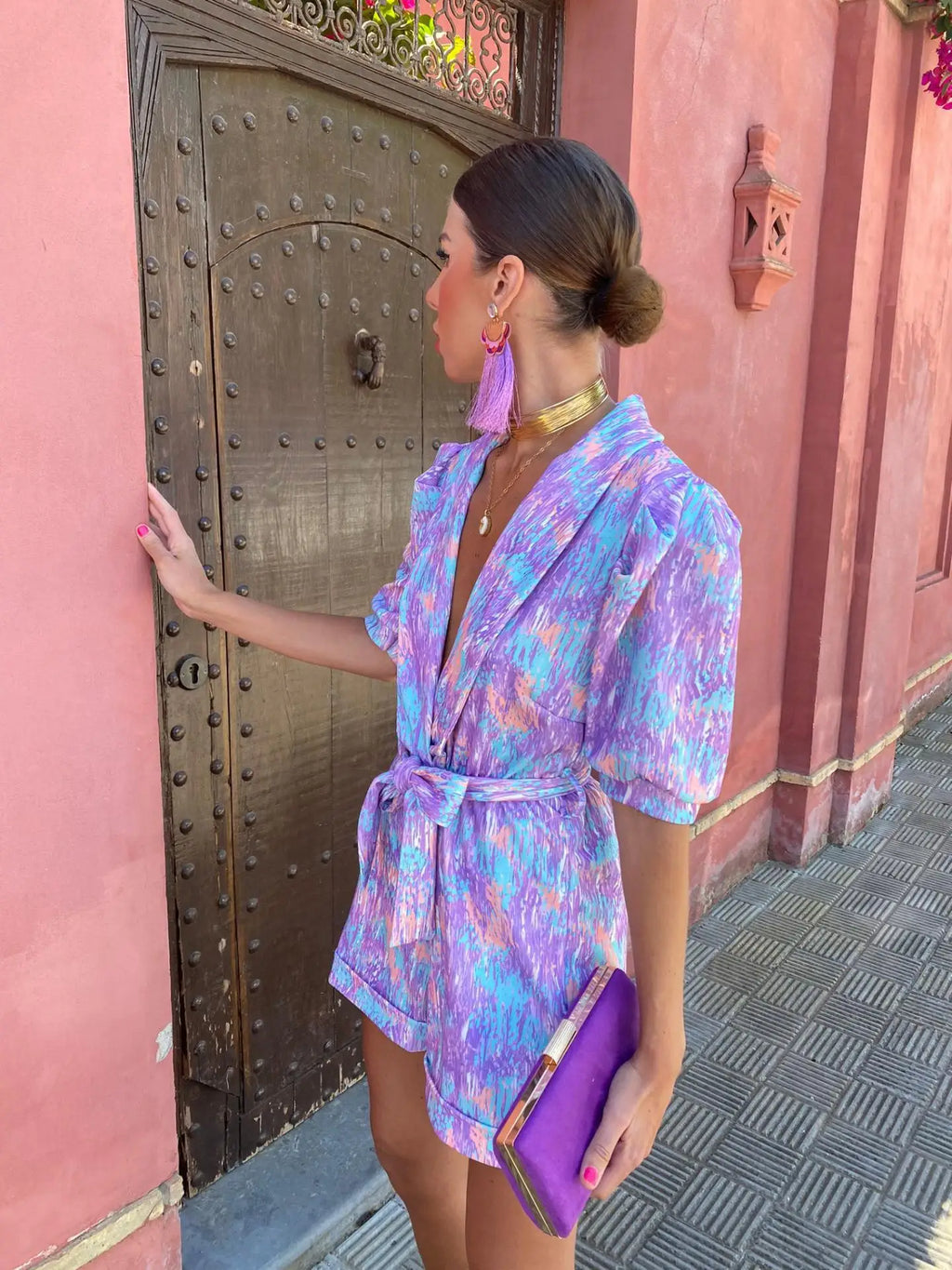 Valenzora Printed Jumpsuit | Modern jumpsuit for women with a deep V-neck and short sleeves