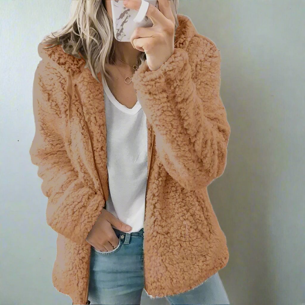 Valenzora | Damen Teddyfleece Jacke mit Kapuze – Weiche Winterjacke mit Reißverschluss