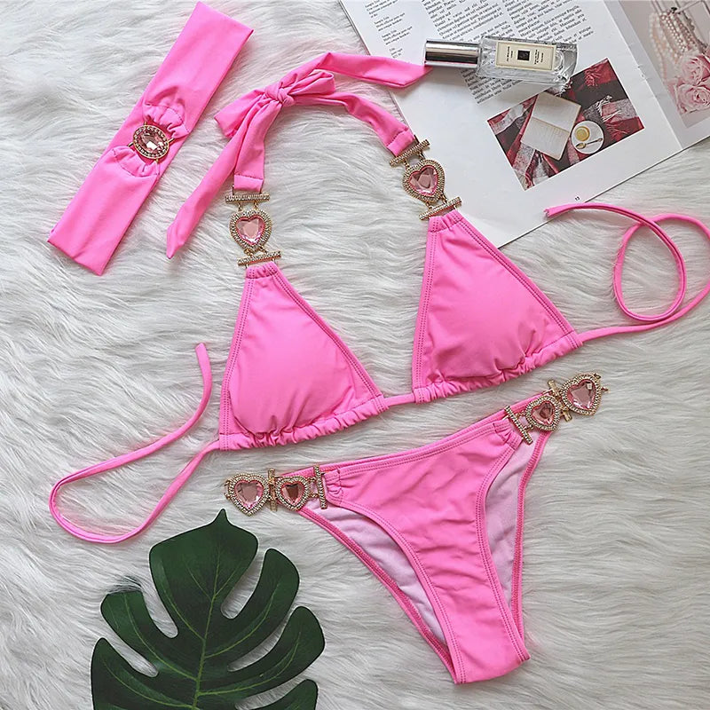 Valenzora | Pink Sexy Bikinis Swimwear with Heart Rhinestones Women's Swimwear Female Push-Up Bikini Beach Swimwear Bathing Suits Pool Swimwear