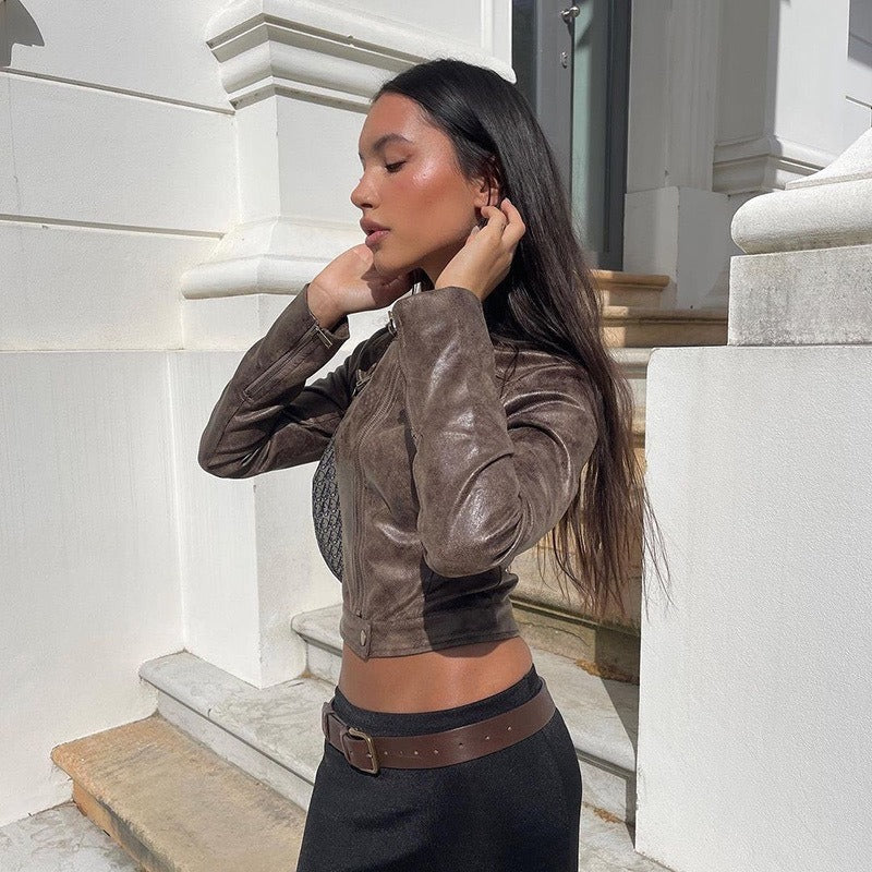 Valenzora | Vintage-Kunstlederjacke mit Reißverschlusstaschen