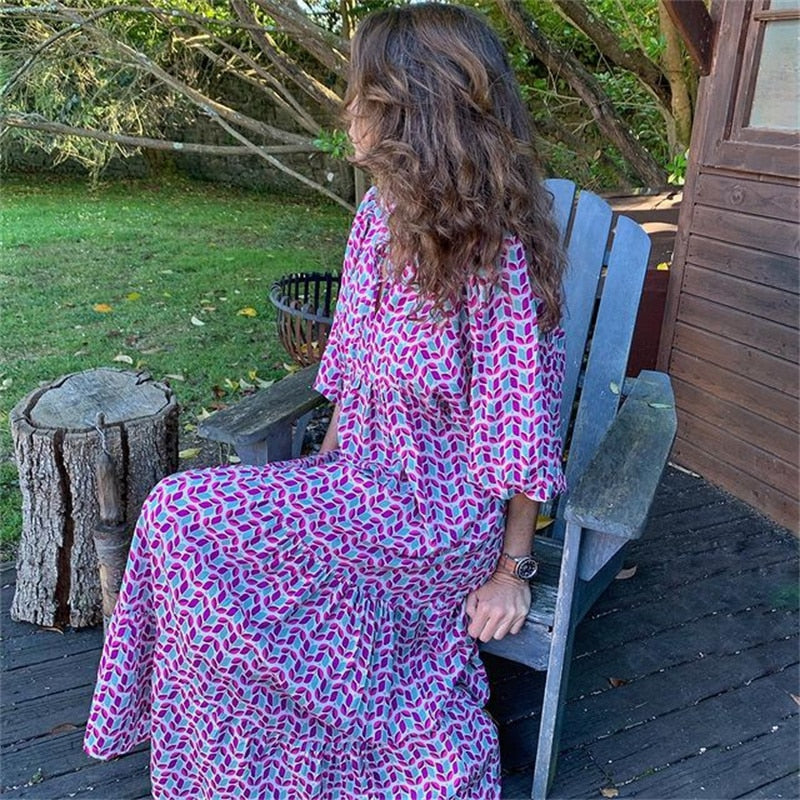 Valenzora | Geometric dress with puff sleeves for women